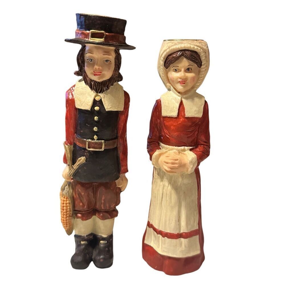 Vintage Multicolor Thanksgiving Pilgrims Couple Candle Holder